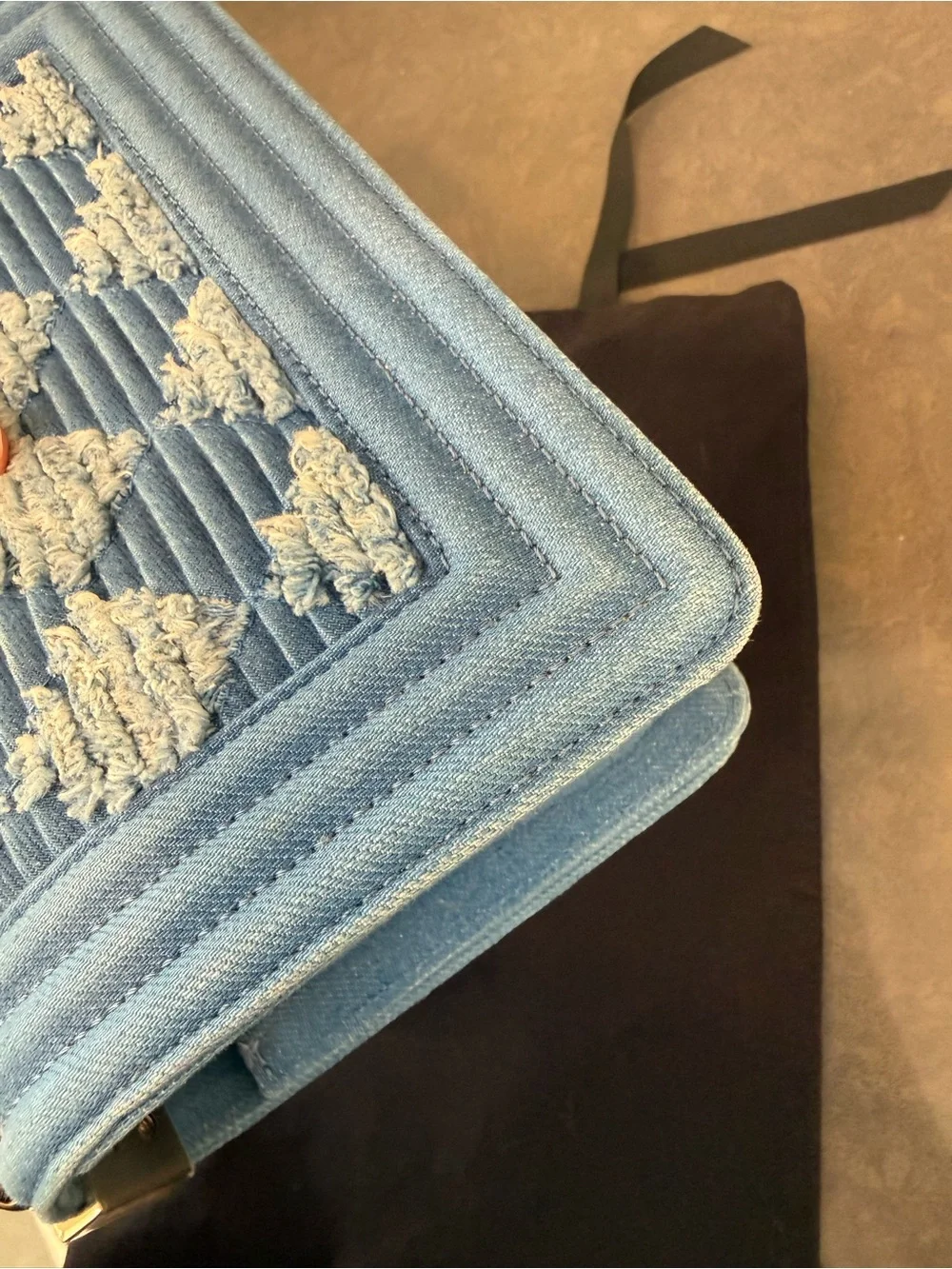 CHANEL Pleated Blue Denim Small Boy Bag with Champagne Gold Hardware